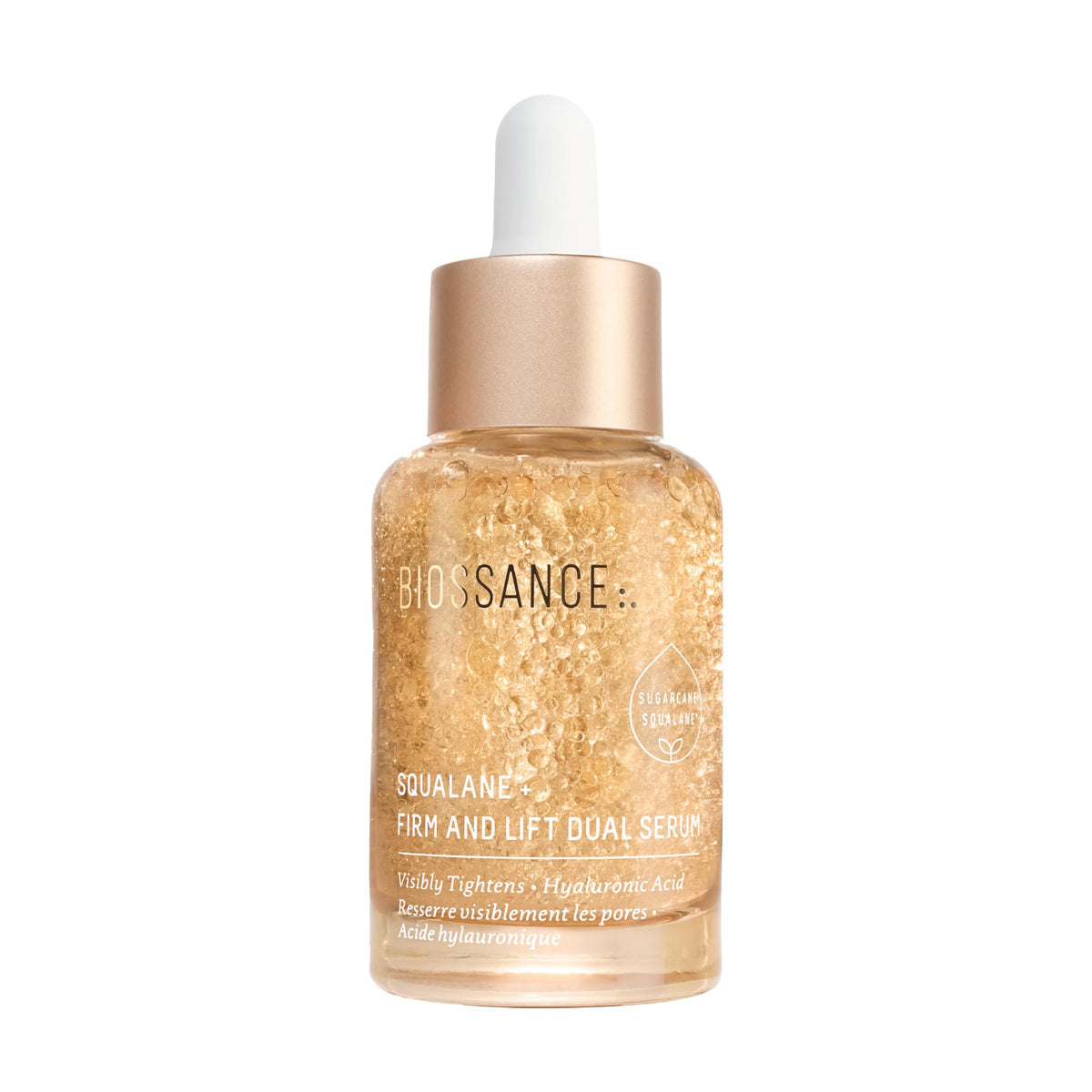 BIOSSANCE Squalane + Firm & Lift bottle close-up showing firming potential for mature skin