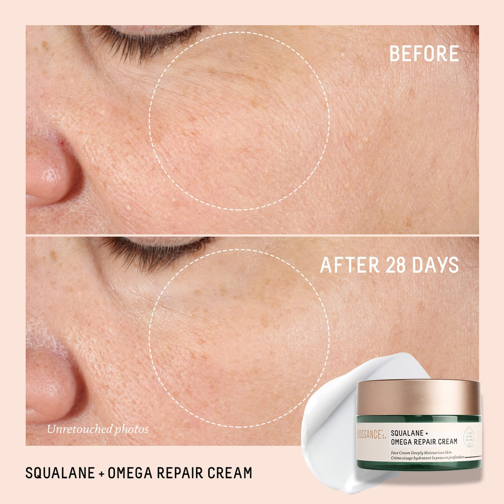 BIOSSANCE Squalane + Omega Repair Cream jar close-up highlighting rich moisture for sensitive skin