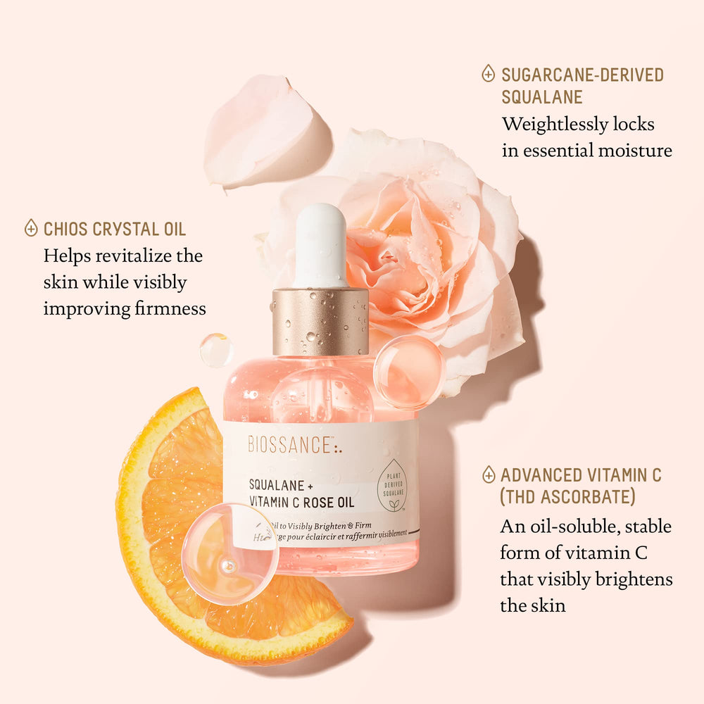BIOSSANCE oil with Damascus rose petals adding sensory glow and fragrance