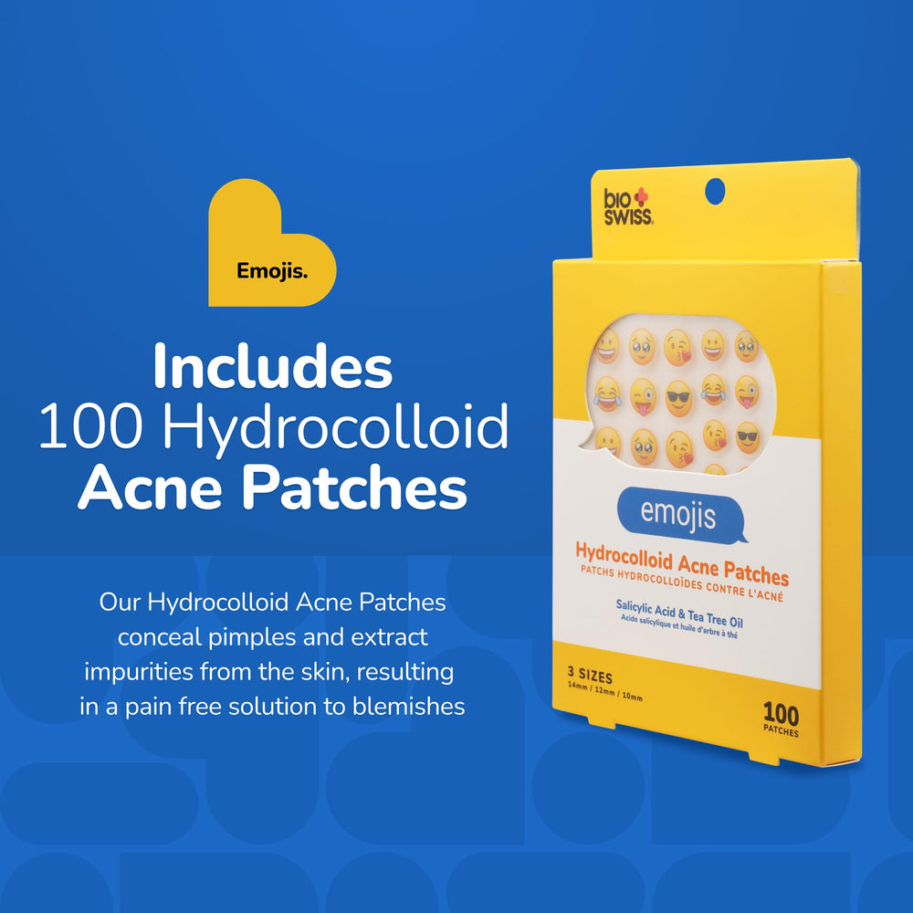 BioSwiss Emojis Acne Patches applied on a pimple provide targeted overnight protection.