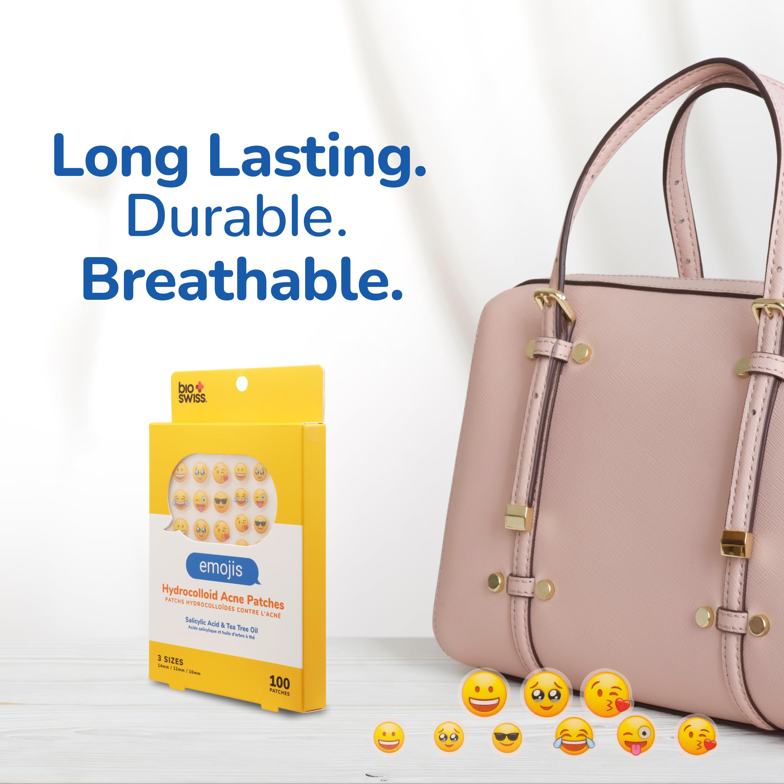 BioSwiss Emojis Acne Patches closeup on skin demonstrate gentle adhesion.