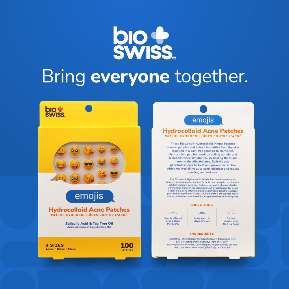 BioSwiss Emojis Acne Patches on easy-to-peel sheets for quick, convenient use.