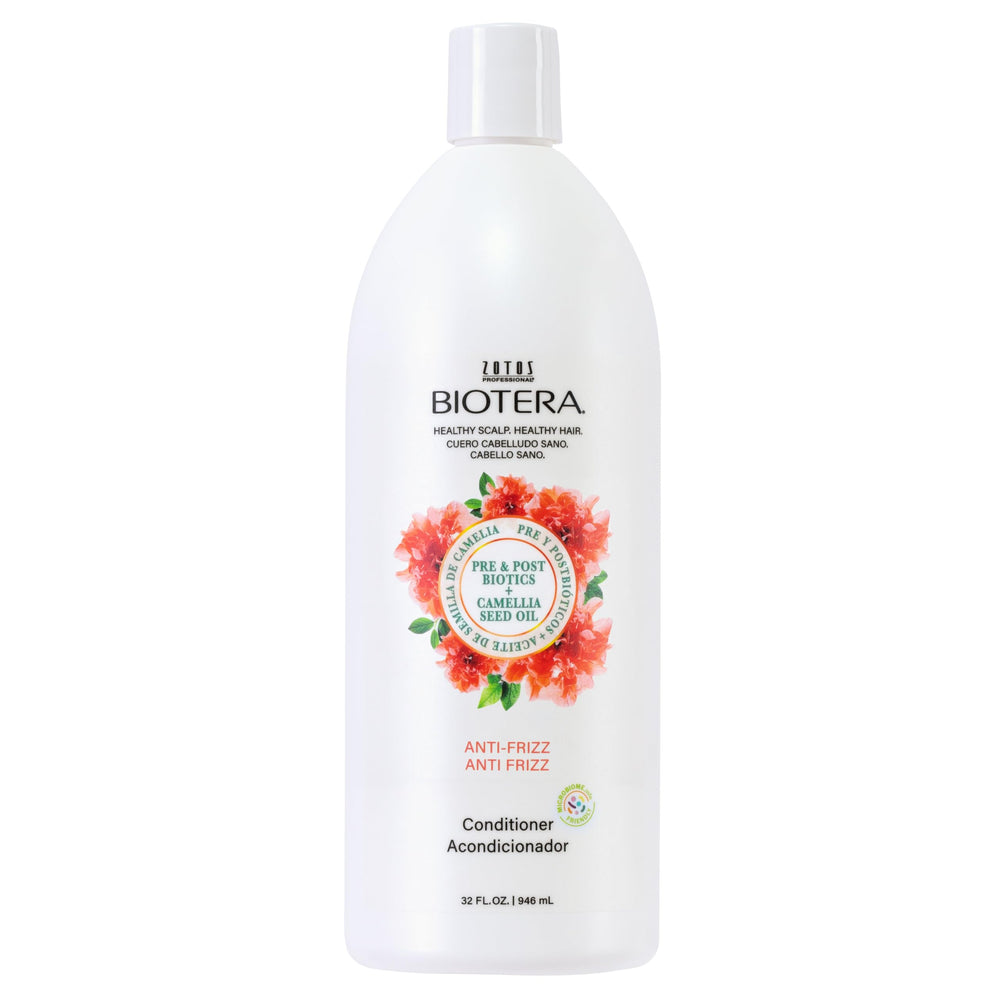 Biotera antifrizz en botella, cuidado diario para cabello suave.