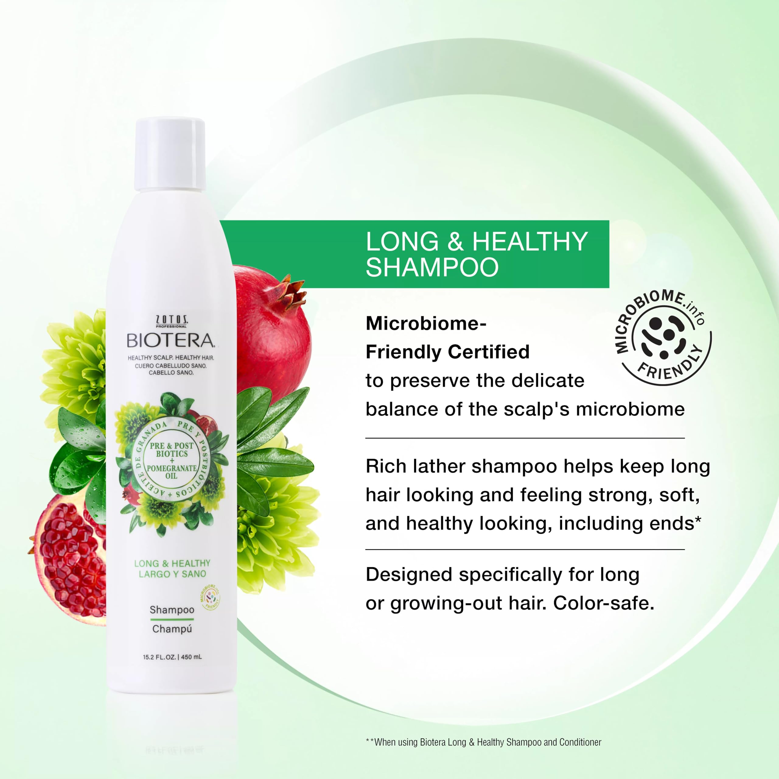 Biotera espuma densa para cabello largo, sensación suave al aplicar.