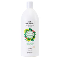 Biotera champú fortaleza para cabello largo en botella, mantiene la fuerza de cada hebra.