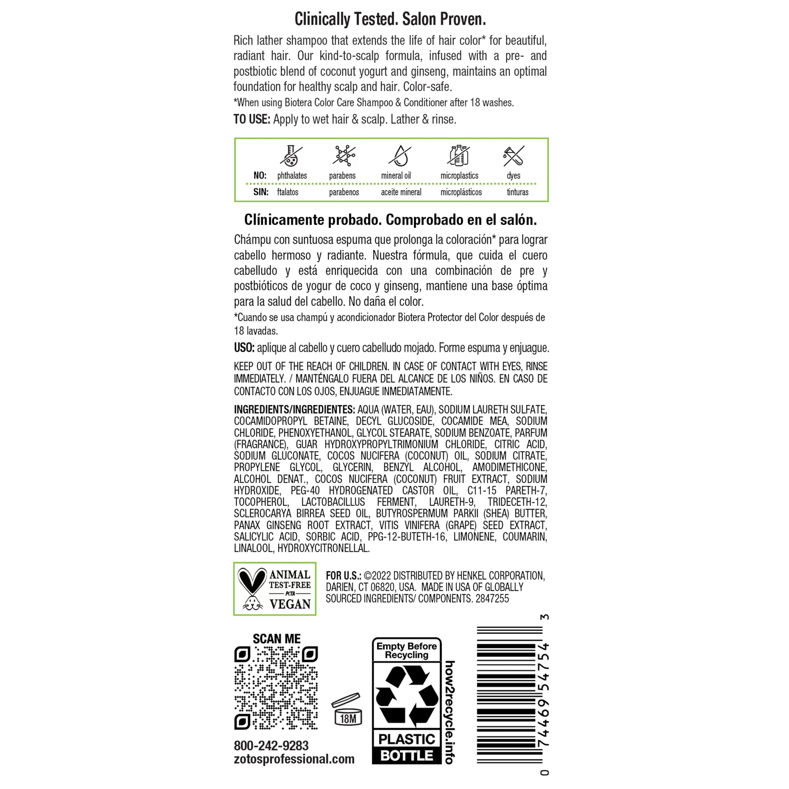 Biotera Color Care Shampoo, formula vegana y pruebas en animales no utilizadas.