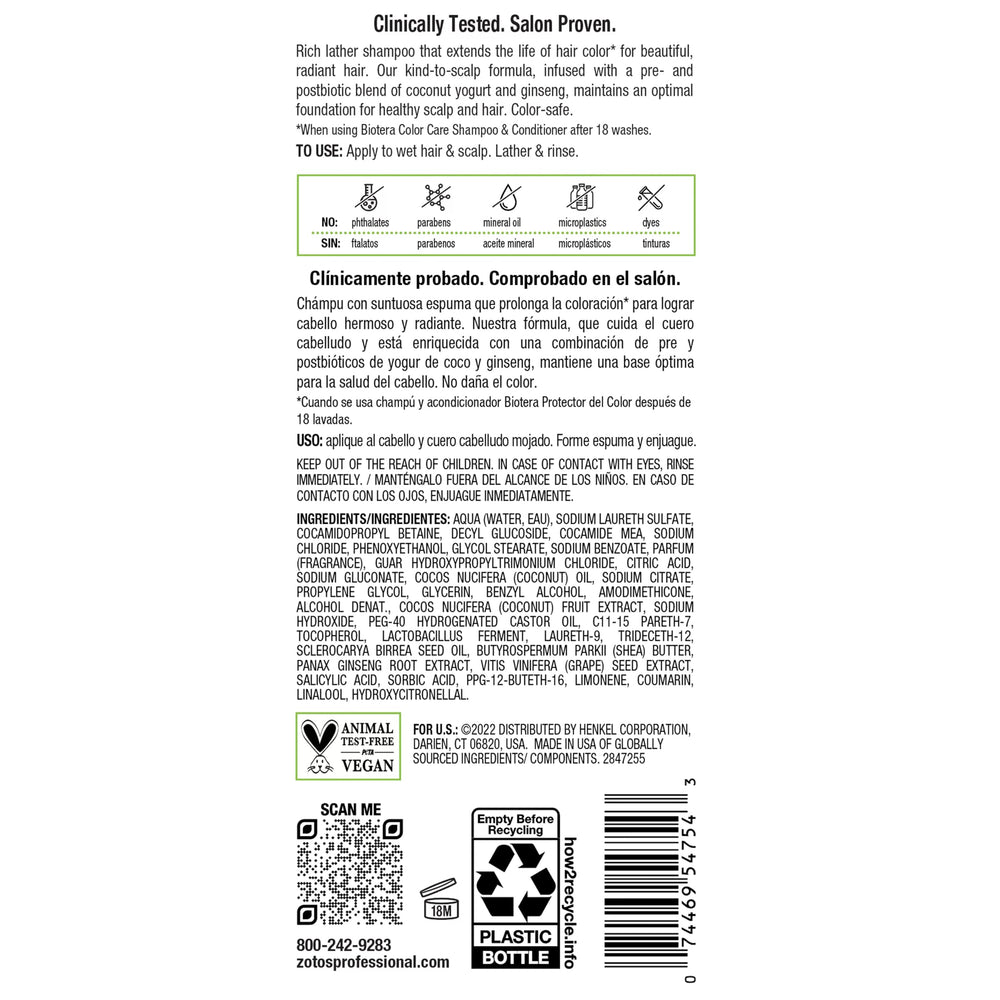 Biotera Color Care Shampoo, formula vegana y pruebas en animales no utilizadas.