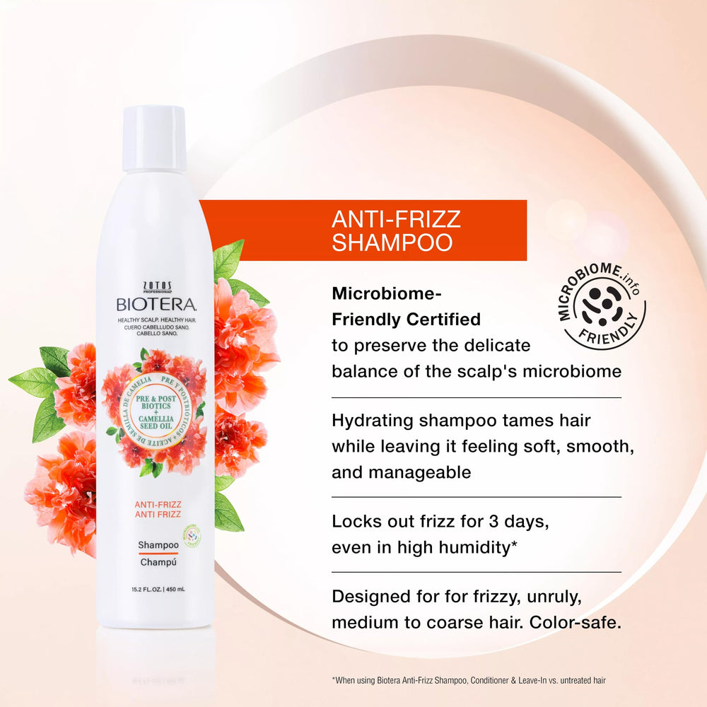 Biotera Frizz Control en botella para peinados con brillo ligero.