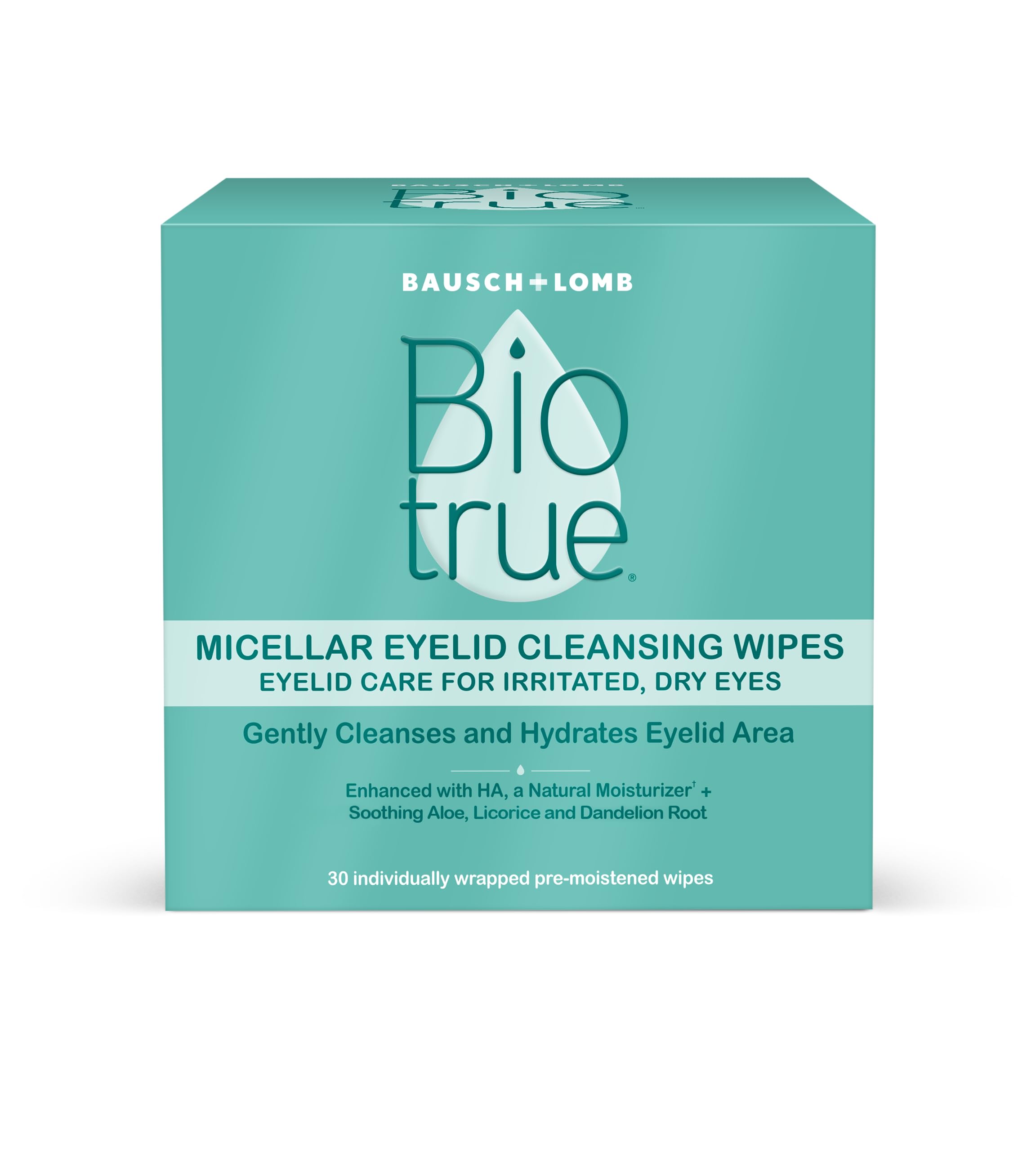 Biotrue toallitas oculares micelares, empaque de 30, práctico para uso diario.