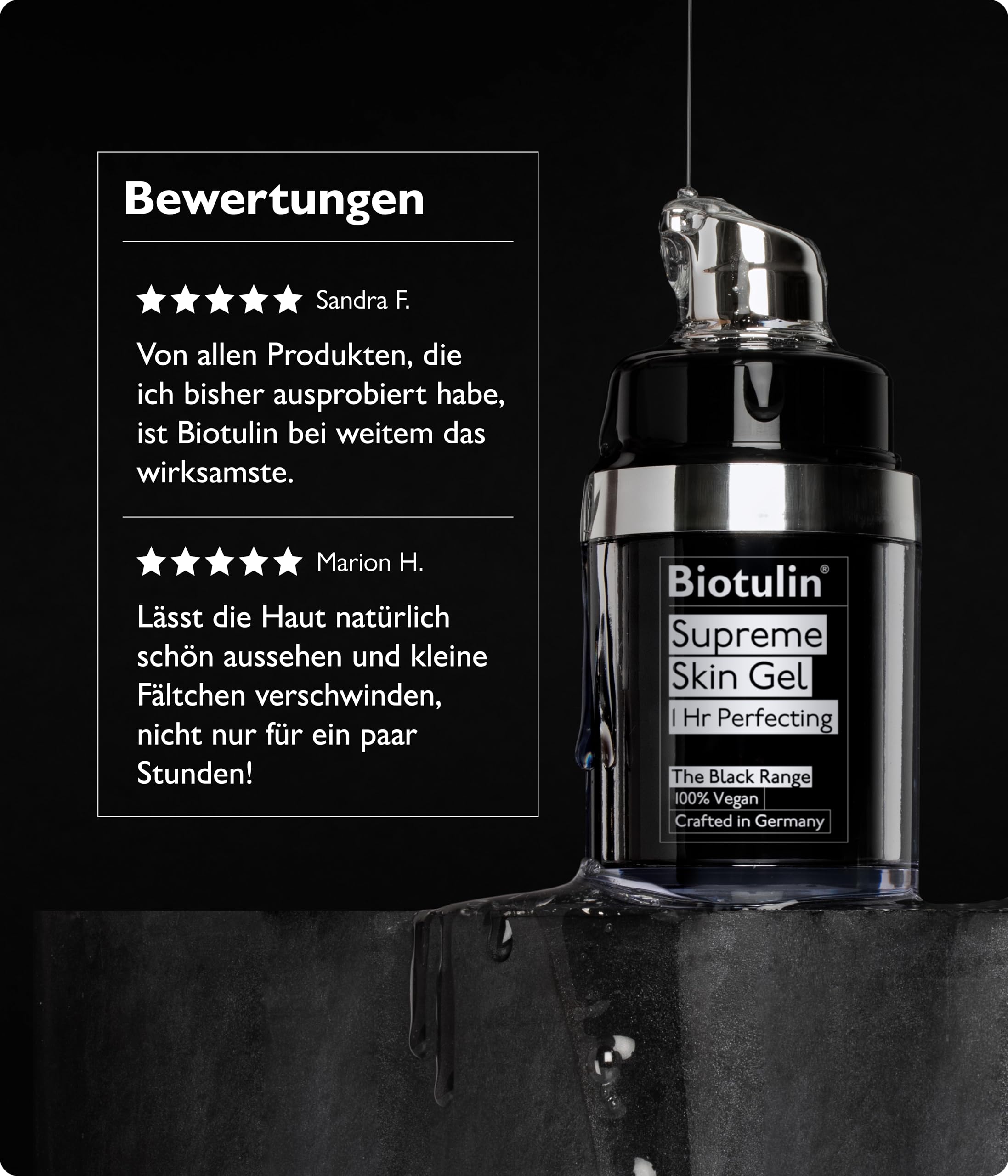 Biotulin Supreme Skin Gel in a bathroom vanity setup.