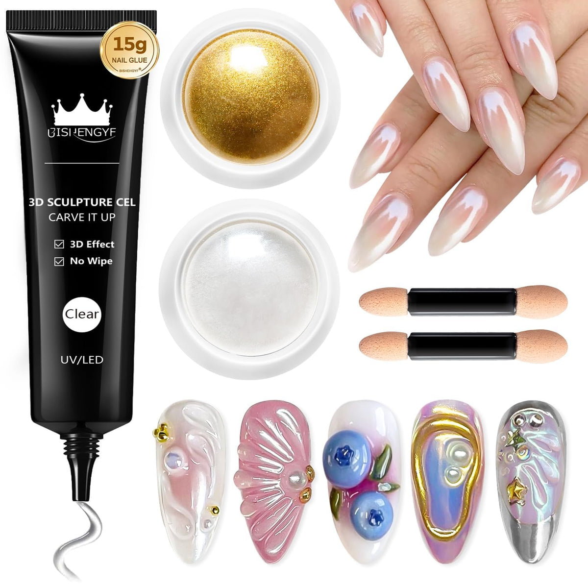 BISHENGYF 3D gel nail kit with 15g for smooth sculpting nails.