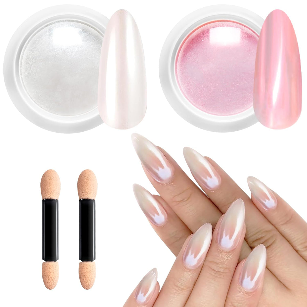 Polvo cromo BISHENGYF con acabado perlado blanco para uñas elegantes.