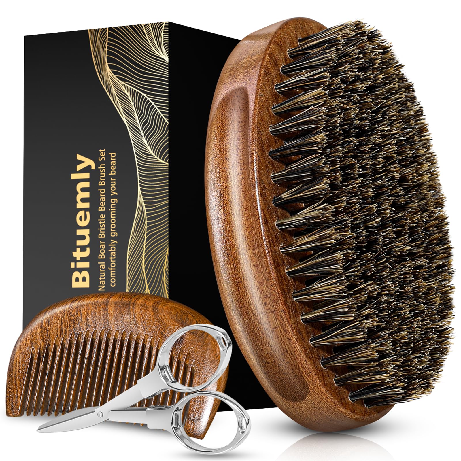 Bituemly beard brush with natural boar bristles for detangling and smoothing beard hair