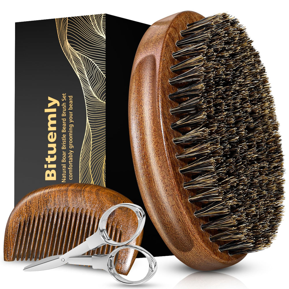Bituemly beard brush with natural boar bristles for detangling and smoothing beard hair