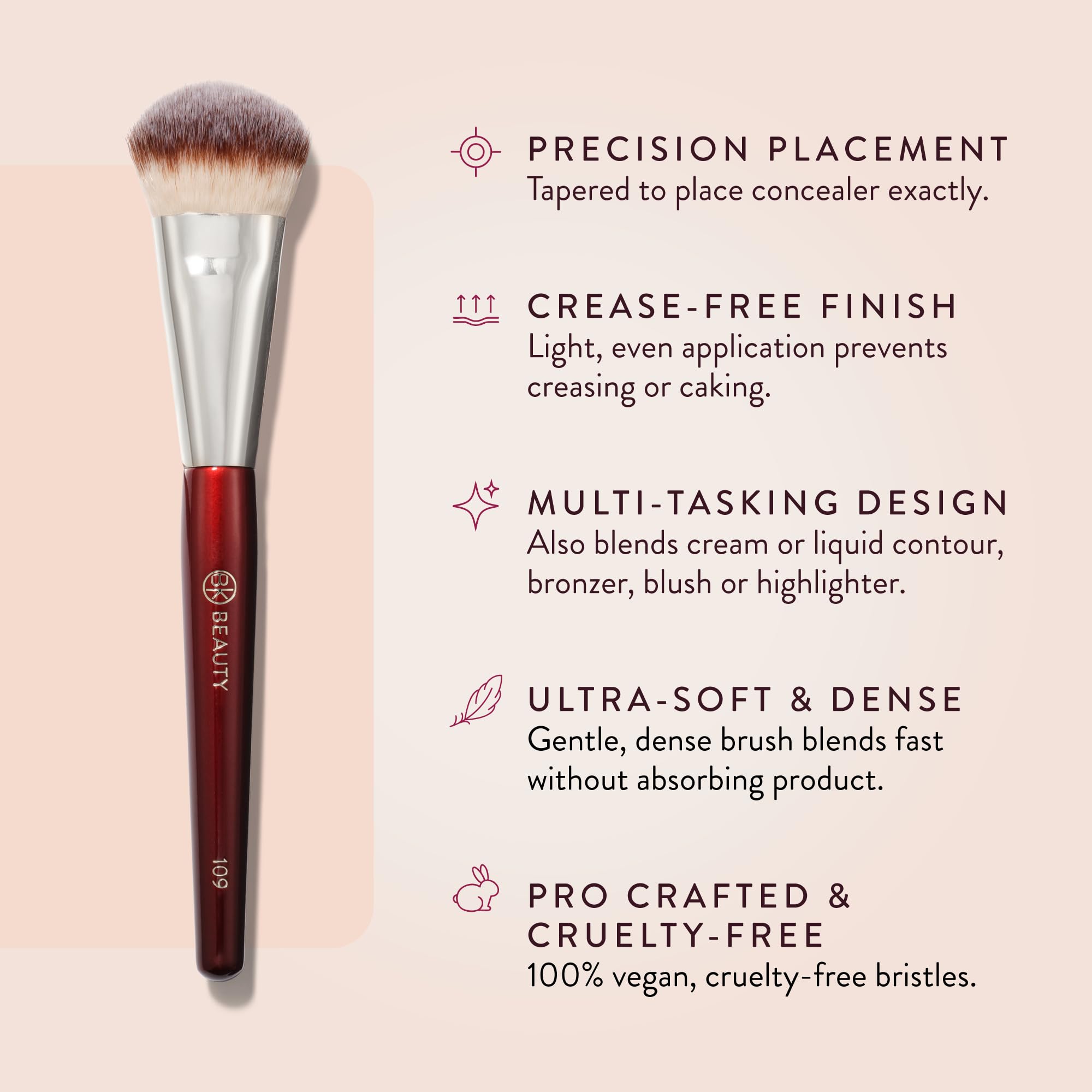BK Beauty 109 Mini Contoured Foundation Brush soft bristles ideal for gentle blending on mature skin.
