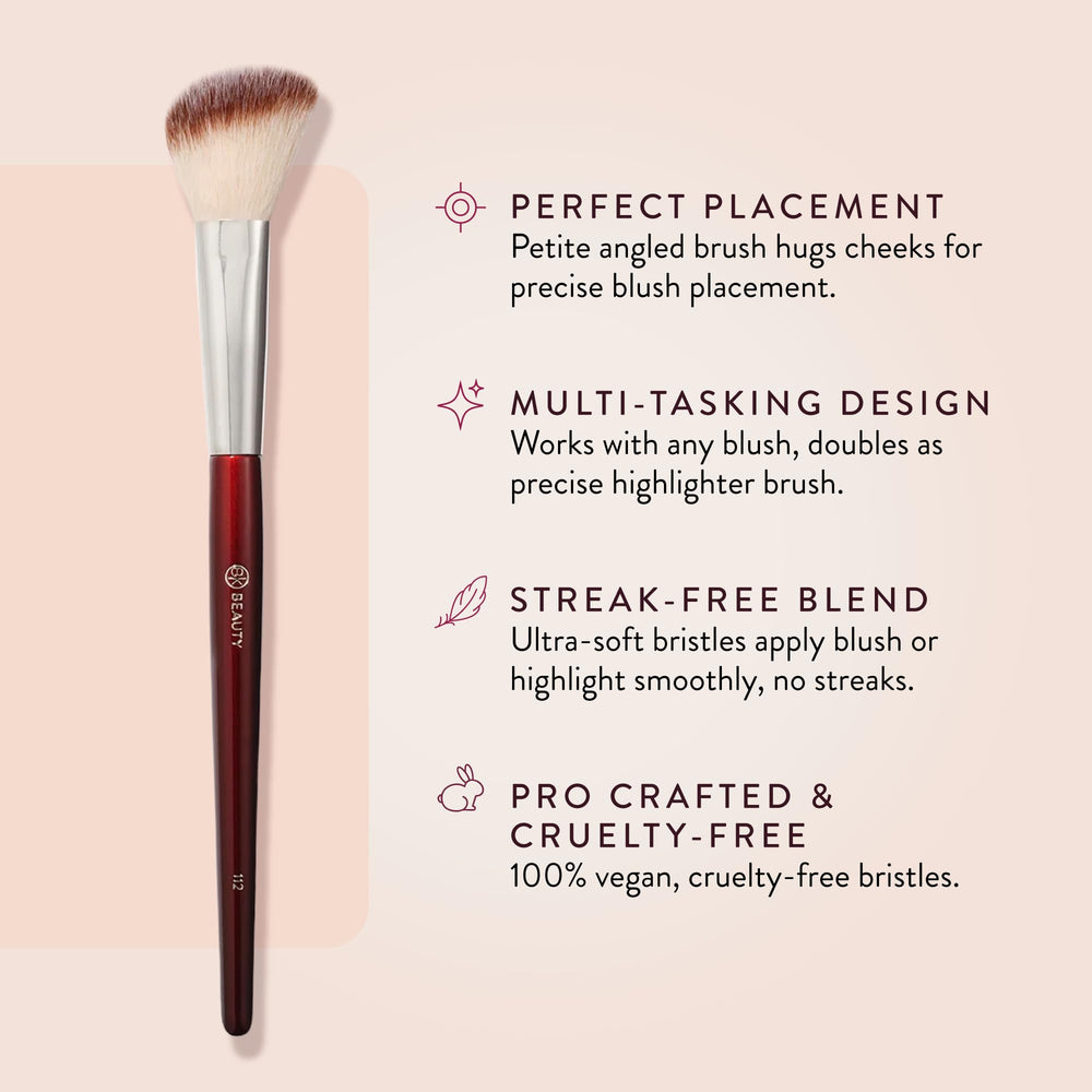 BK BEAUTY 112 small angled face brush demonstrates precise blush placement for smaller faces.