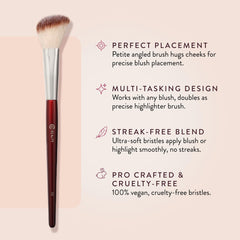 BK BEAUTY 112 small angled face brush demonstrates precise blush placement for smaller faces.