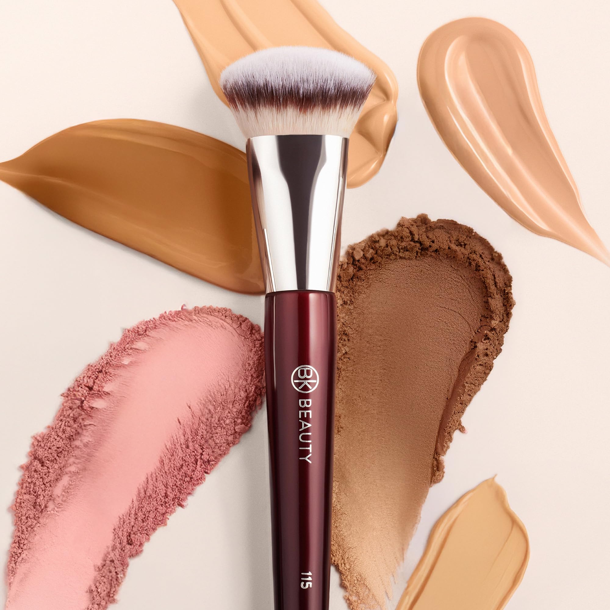 BK BEAUTY 115 multi-task brush enhances foundation, contour, or bronzer for a cohesive look.
