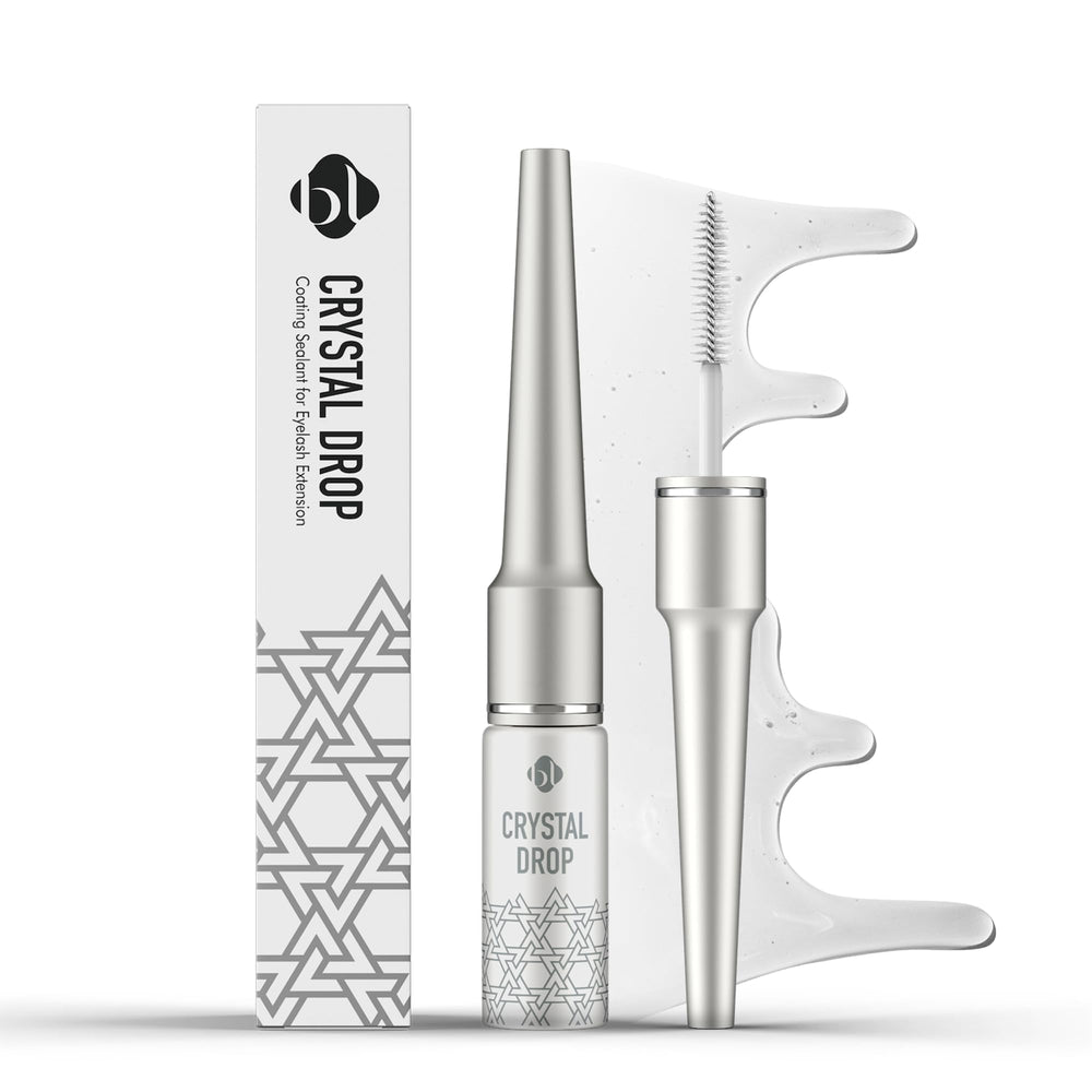 BL Lashes Crystal Drop bottle pouring waterproof sealant for longer lash life.