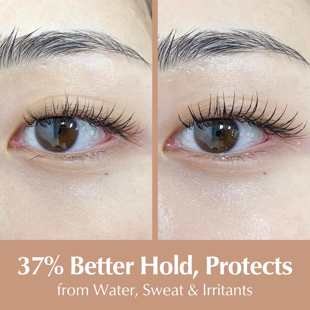 Clear topcoat sealing lashes for a neat, polished finish.