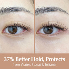 Clear topcoat sealing lashes for a neat, polished finish.