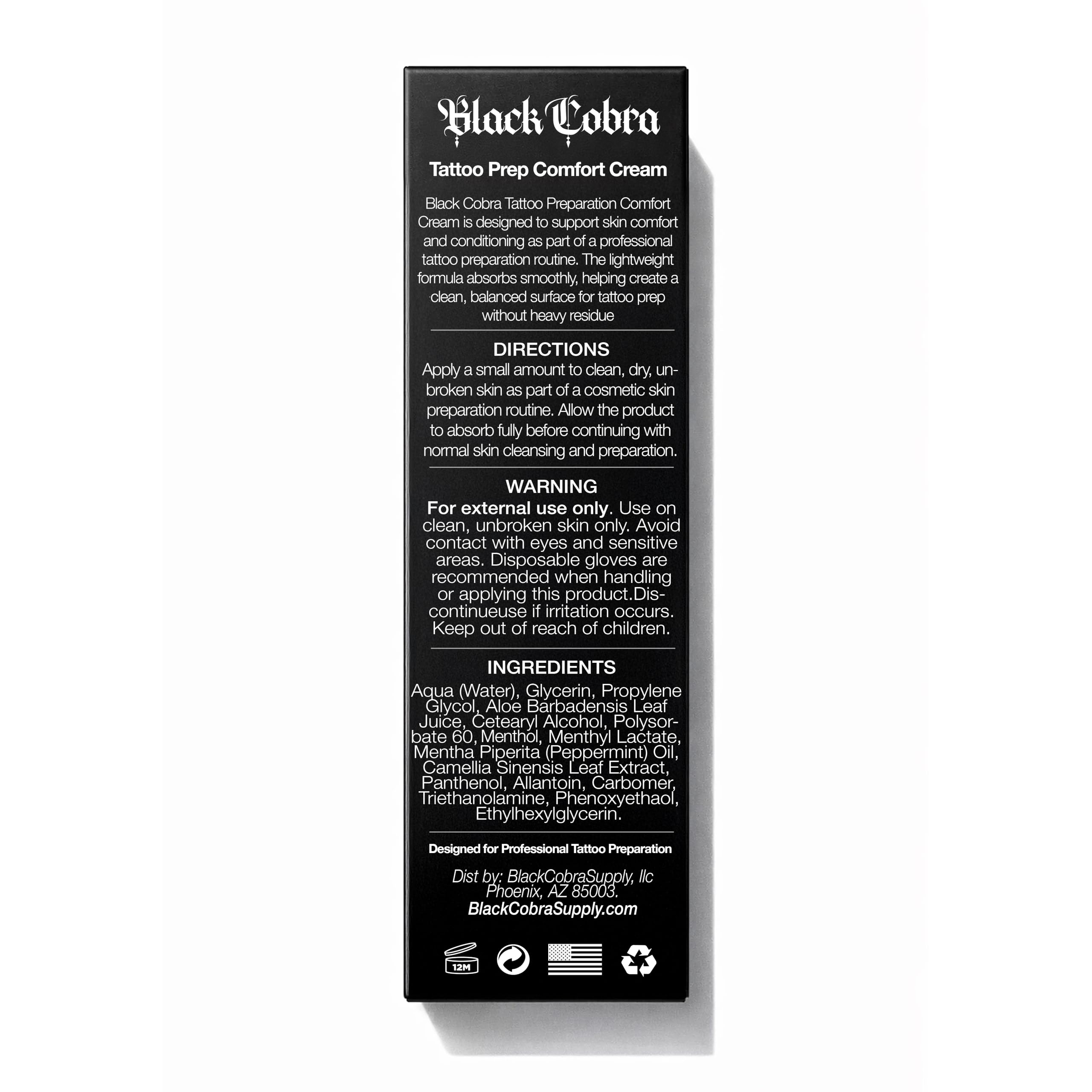 Black Cobra Tattoo Comfort Cream studio shot highlighting fast-absorbing, clean-finish performance.