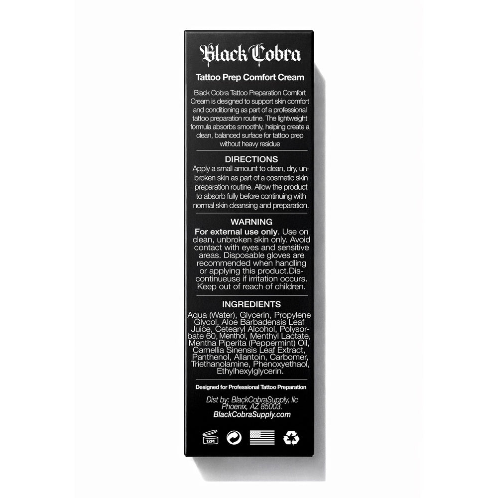 Black Cobra Tattoo Comfort Cream studio shot highlighting fast-absorbing, clean-finish performance.