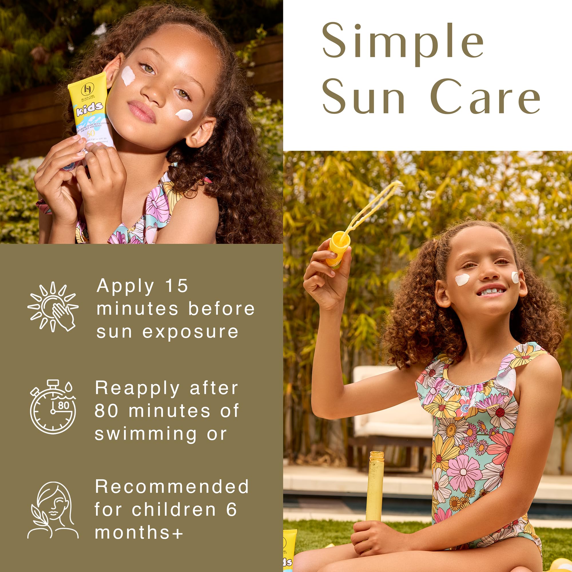 BLACK GIRL SUNSCREEN Kids aplicación rápida 15 minutos antes del sol para mejor cobertura.