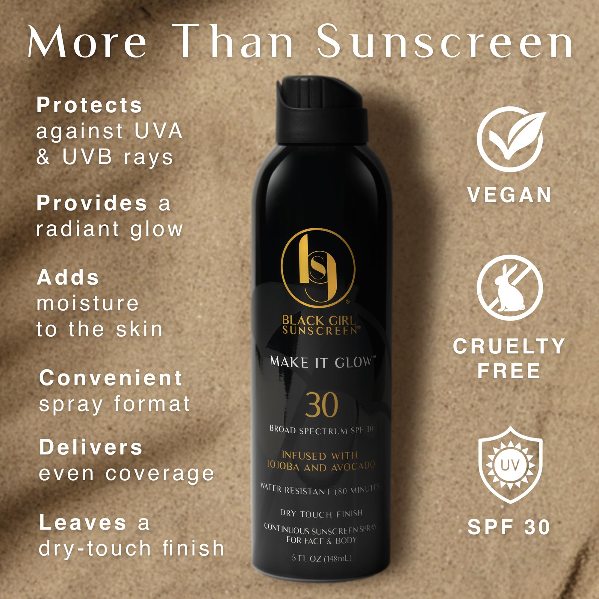 Black Girl Sunscreen Make It Glow spray disperses evenly for outdoor use.