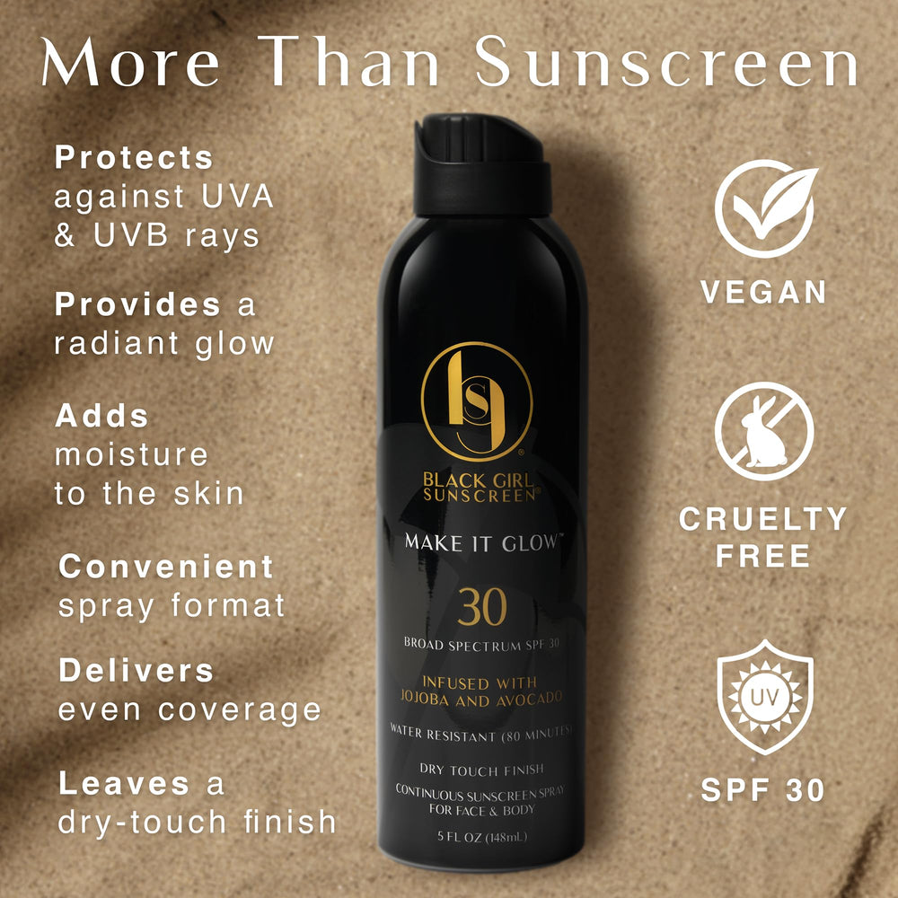 Black Girl Sunscreen Make It Glow spray disperses evenly for outdoor use.