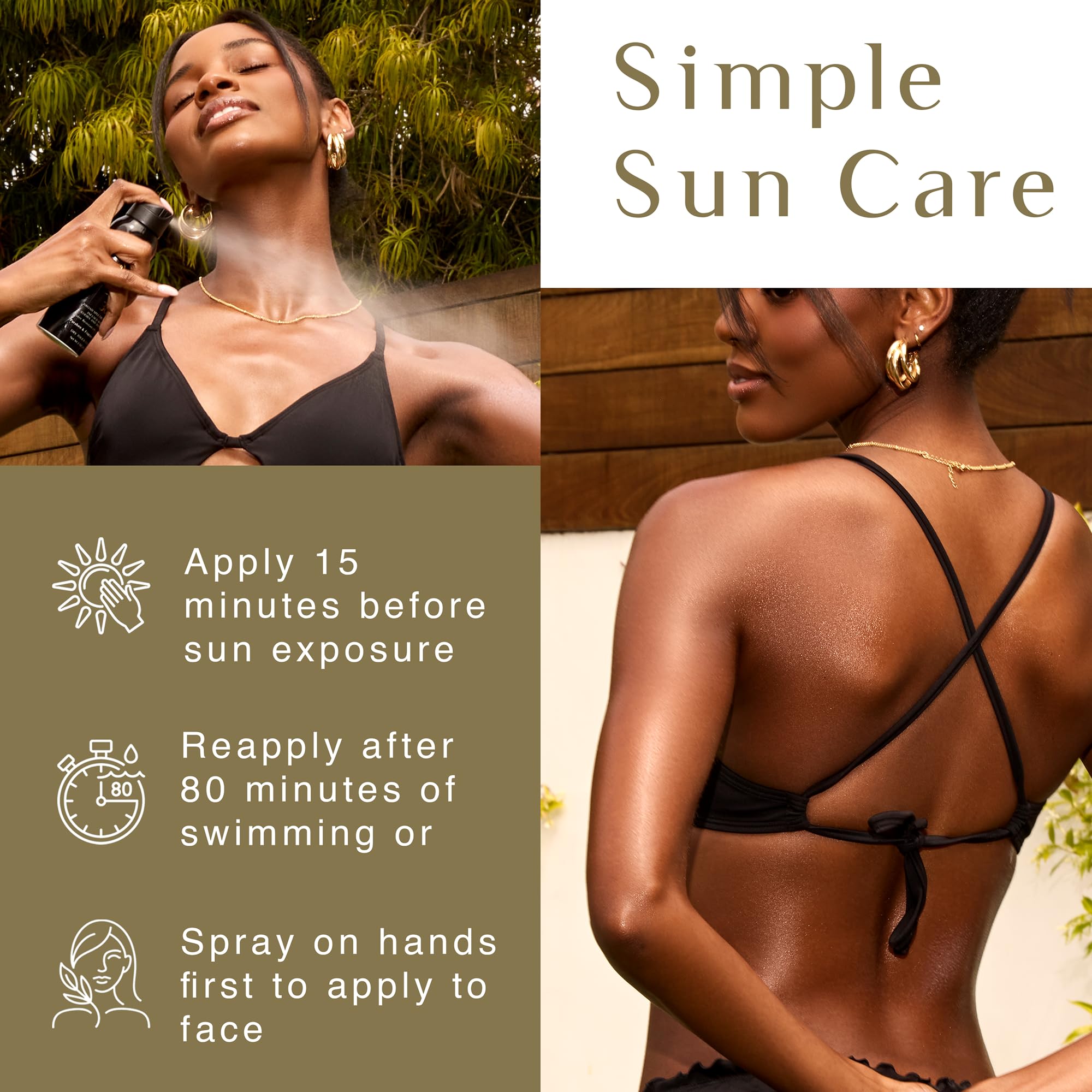 Beach-ready shot shows water resistance up to 80 minutes on skin.