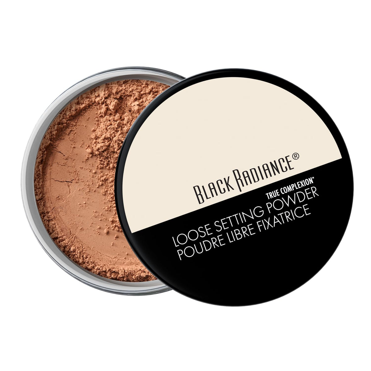 Black Radiance Polvo Suelto Honeymoon, empaque compacto para retoques discretos.
