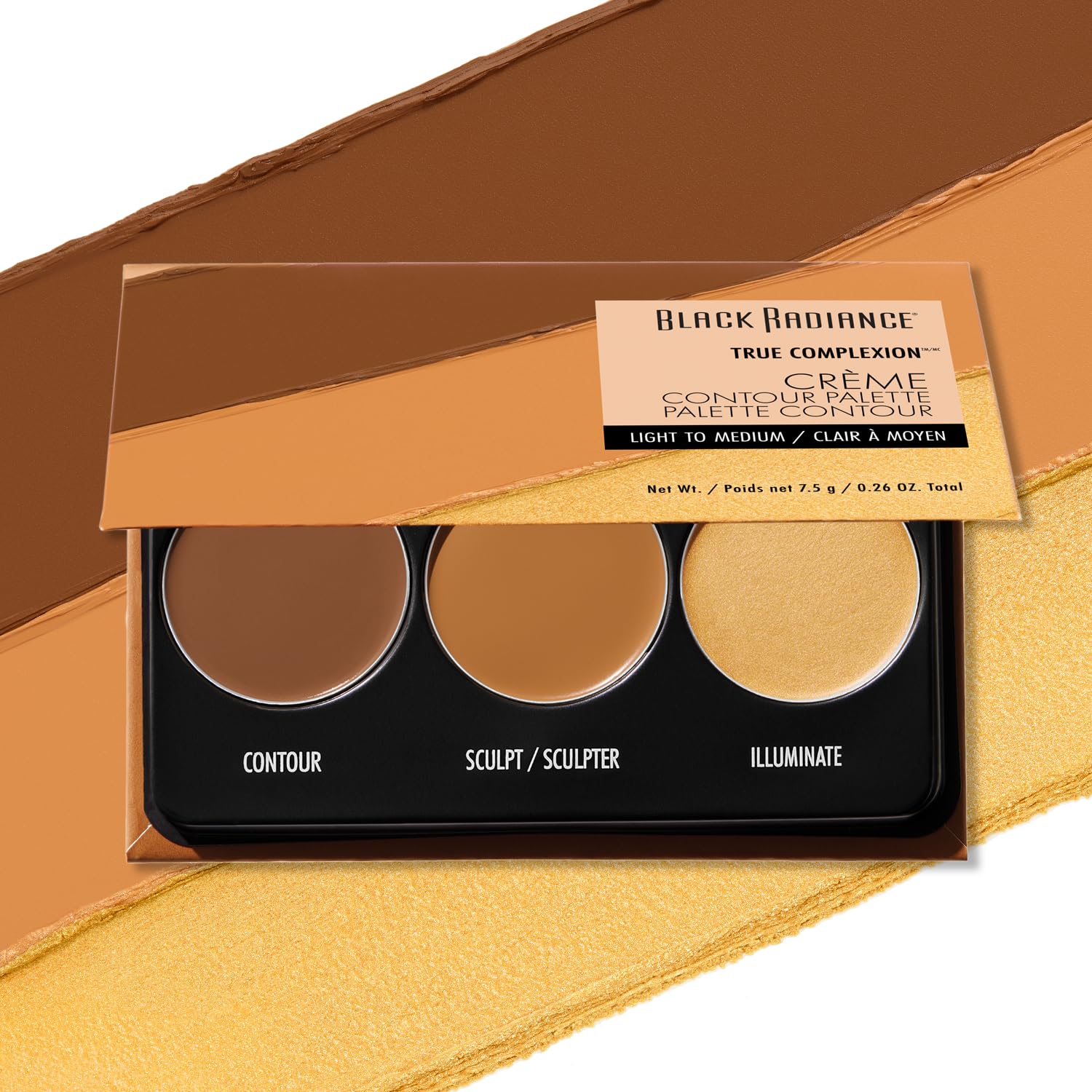 Black Radiance True Complexion Creme Contour Palette packaging close-up shows premium, oil-free creams for sculpted definition.