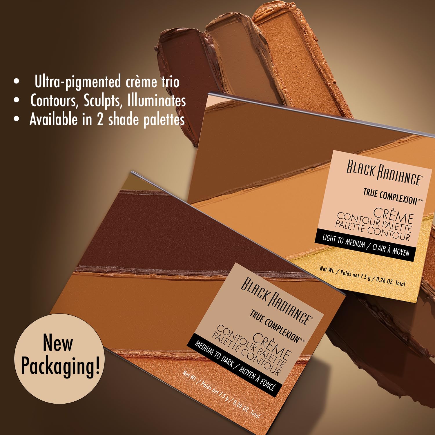 Black Radiance contour palette swatches on arm show blendable tones for sculpted definition.