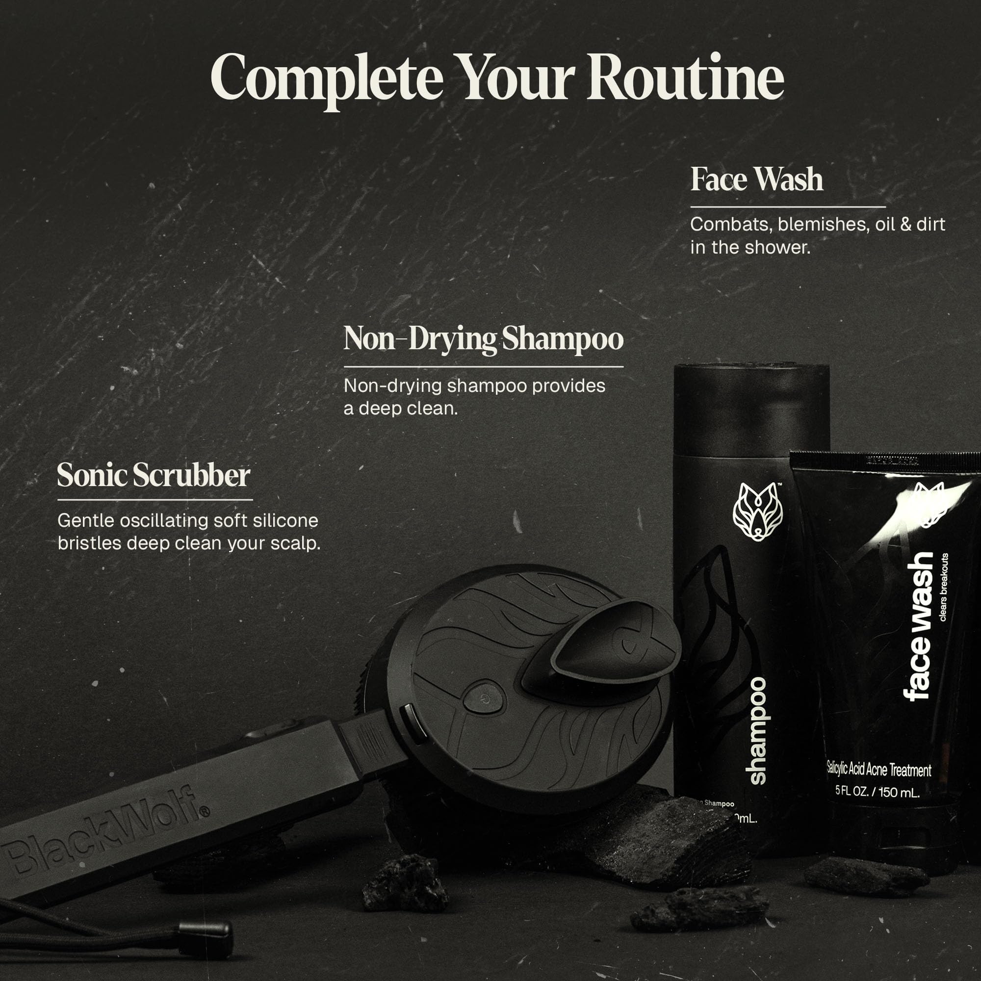 Bundled Black Wolf products on display with bottle and face wash.
