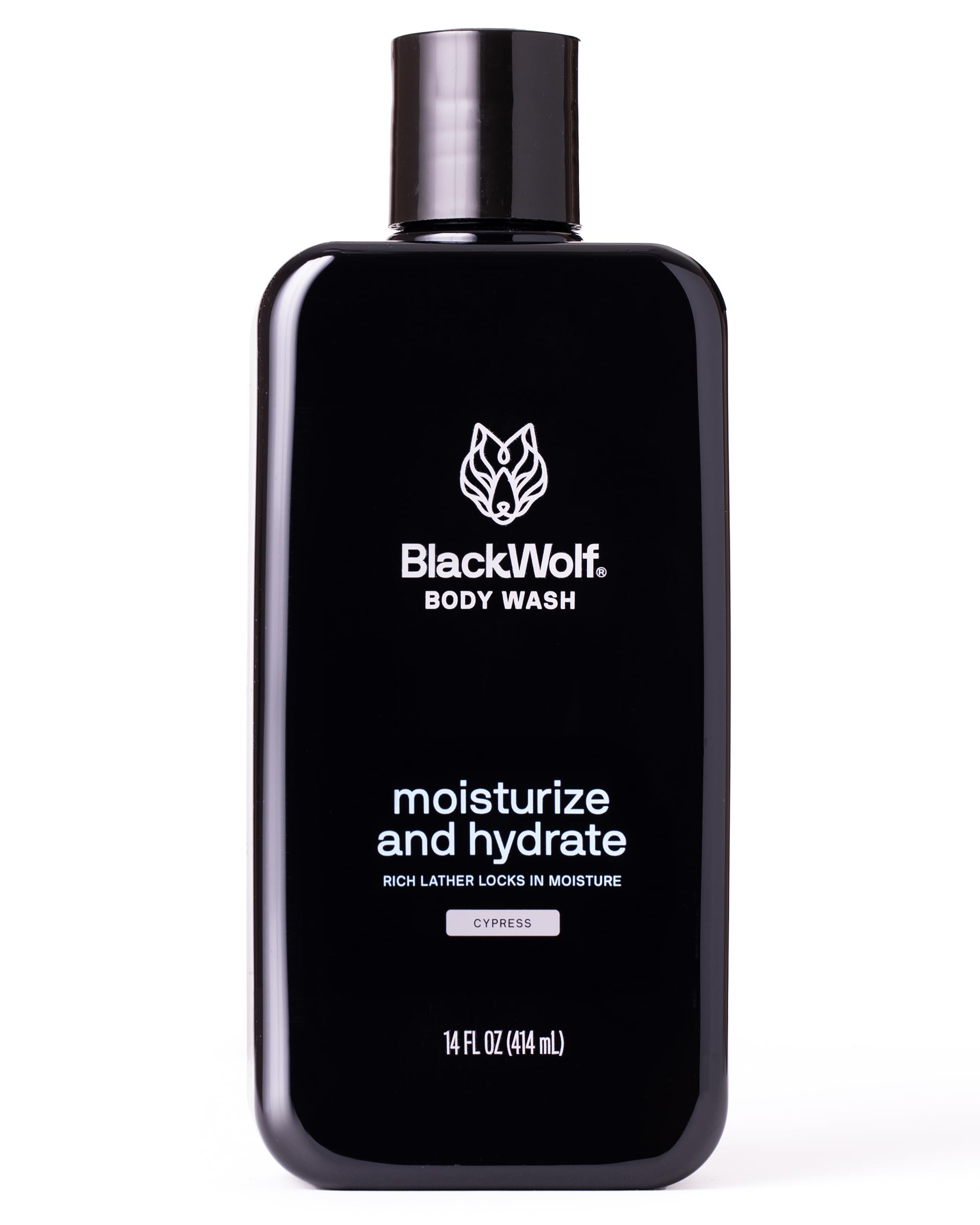Black Wolf gel de ducha para hombres, botella visible y aroma a sándalo, limpieza suave.