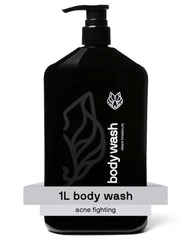Black Wolf salicylic acid body wash bottle front for deep clean and oil control.