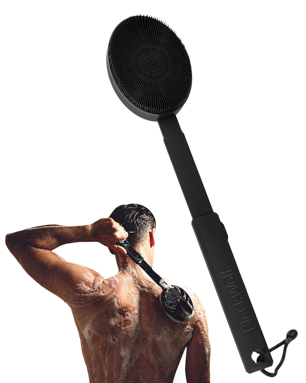 Black Wolf silicone body scrubber with extended handle for easy back cleaning and exfoliation