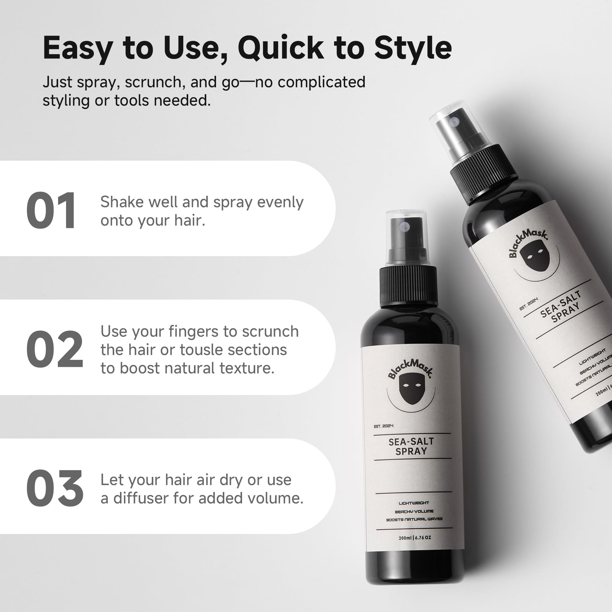 Uso rápido en cabello seco para refrescar y redefinir el look con BlackMask.