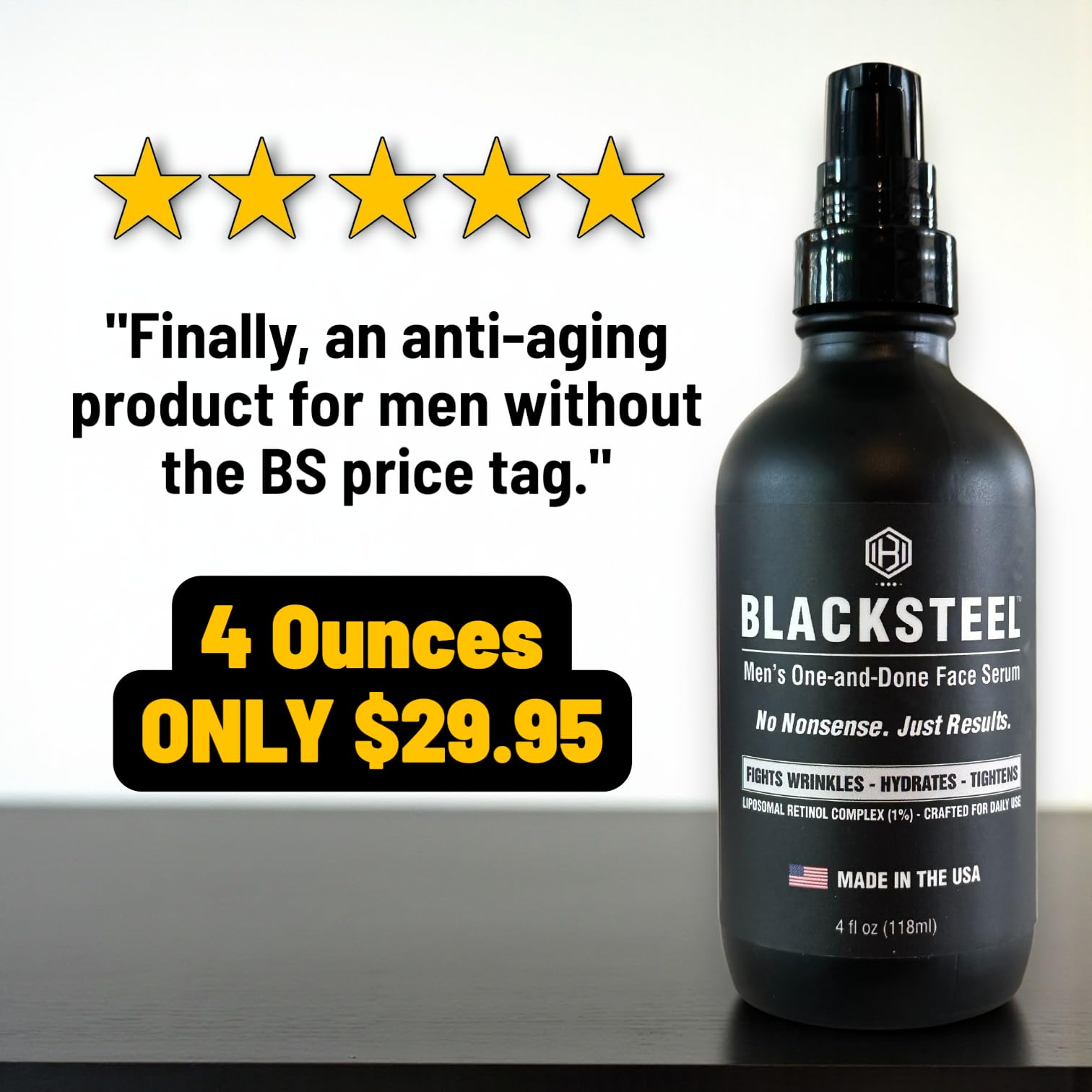 BLACKSTEEL men's serum hyaluronic acid ingredient emphasizes deep hydration