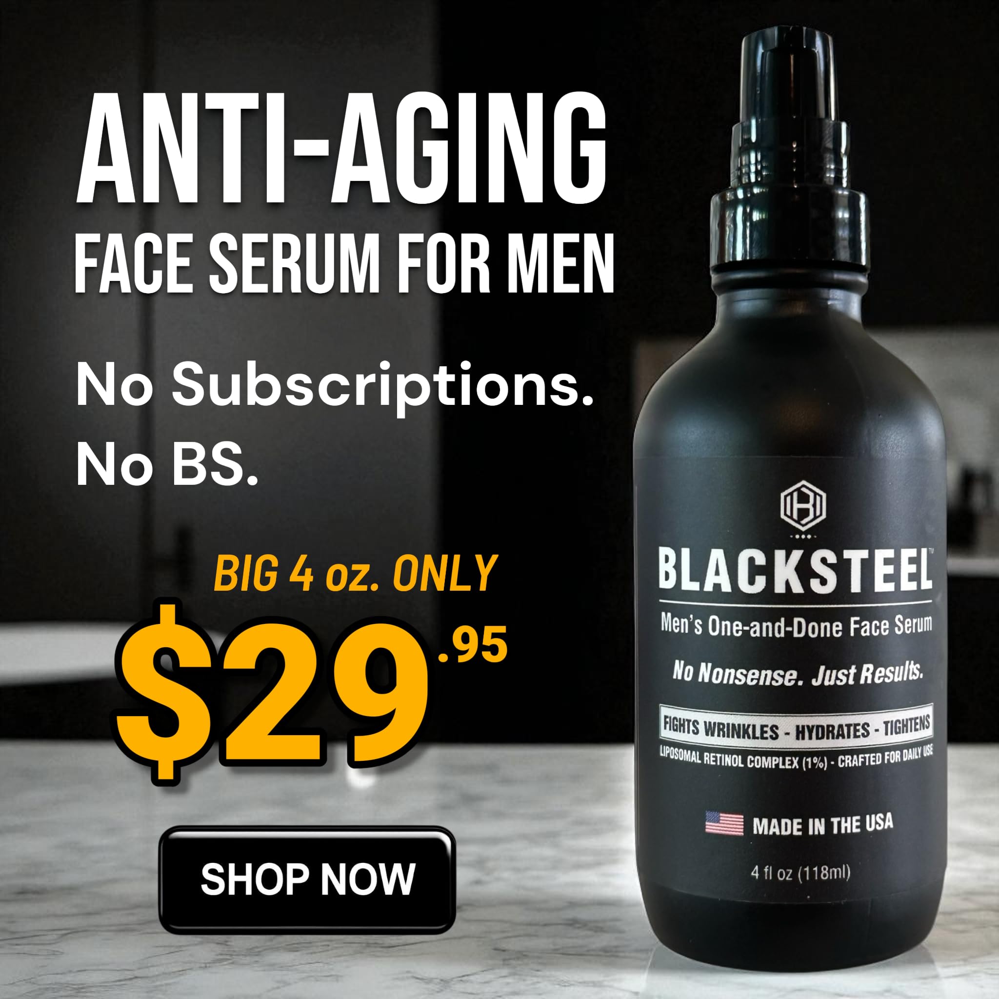 BLACKSTEEL men's serum packaging matte glass signals premium small-batch quality