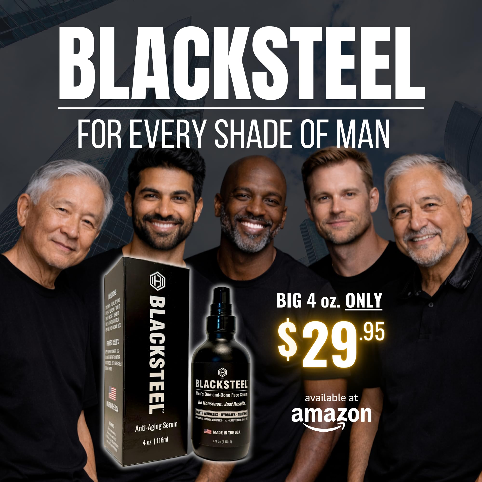 BLACKSTEEL men's serum retinol ingredient highlights wrinkle reduction potential