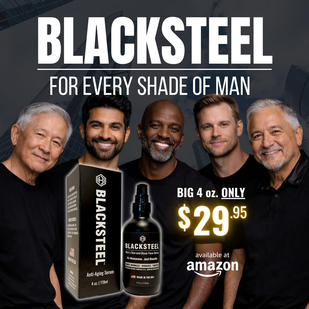 BLACKSTEEL men's serum retinol ingredient highlights wrinkle reduction potential