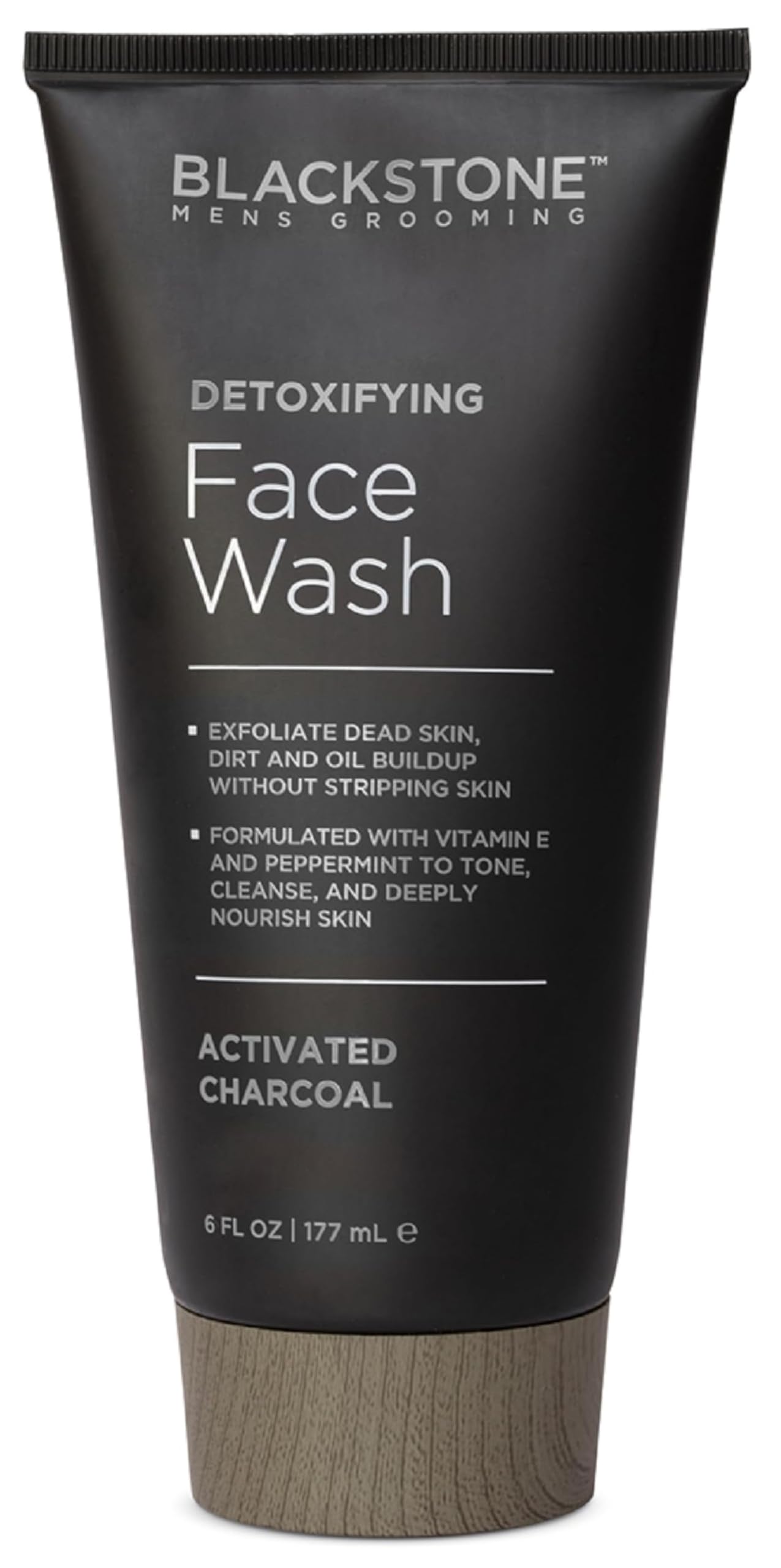 Blackstone Detoxifying Face Wash con carbón activado, botella visible, limpieza profunda de impurezas.