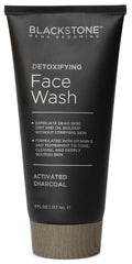 Blackstone Detoxifying Face Wash con carbón activado, botella visible, limpieza profunda de impurezas.