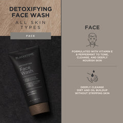 Blackstone Detoxifying Face Wash, envase mostrado, hidratación con ácido hialurónico en la fórmula.
