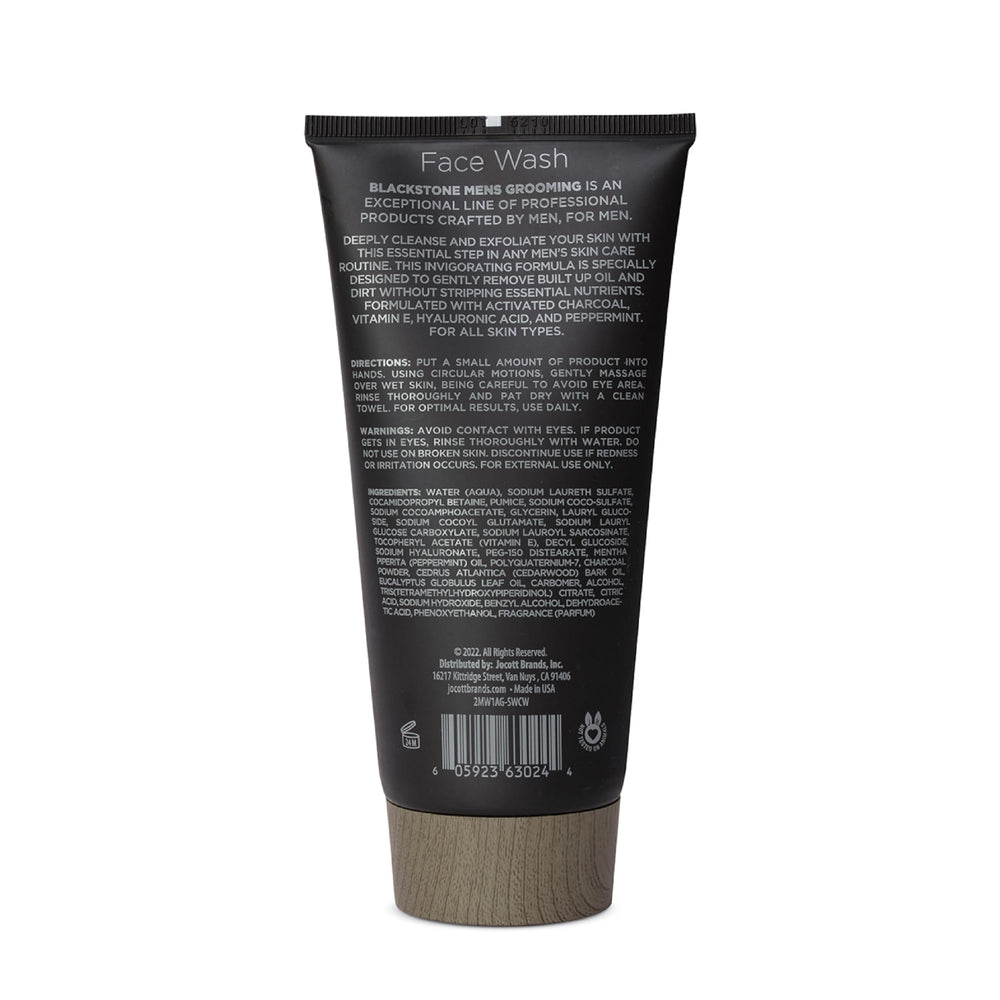 Blackstone Detoxifying Face Wash, vista frontal de la botella, frescura gracias a la menta.