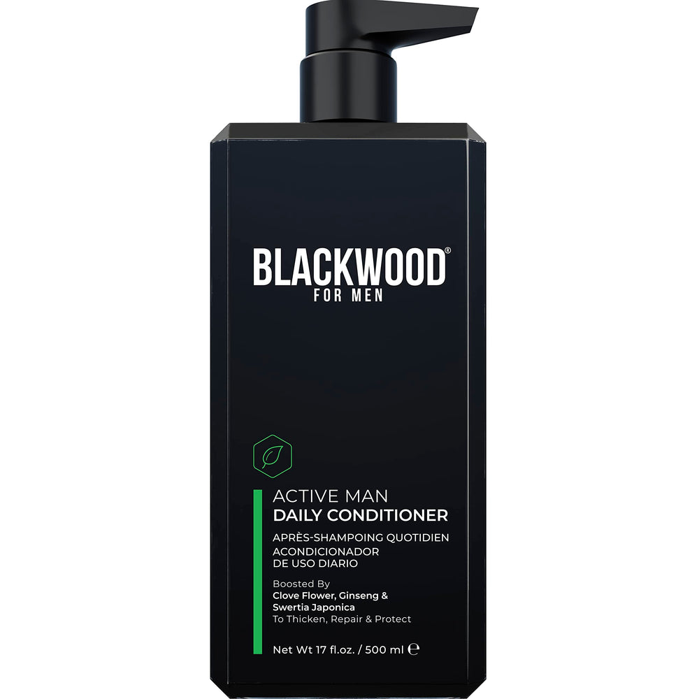Blackwood For Men bottle close-up showing daily conditioner for fuller hair