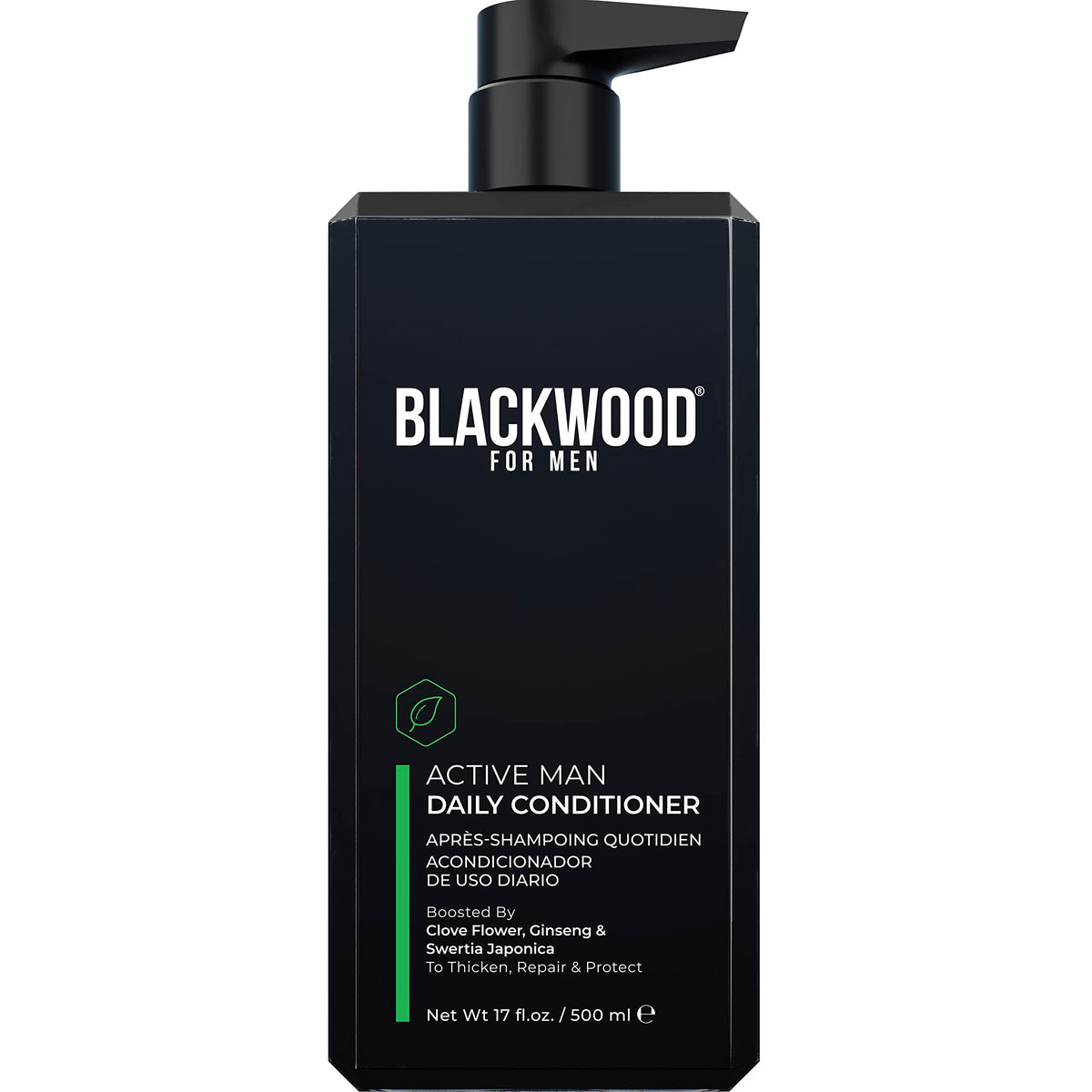 Blackwood For Men bottle close-up showing daily conditioner for fuller hair