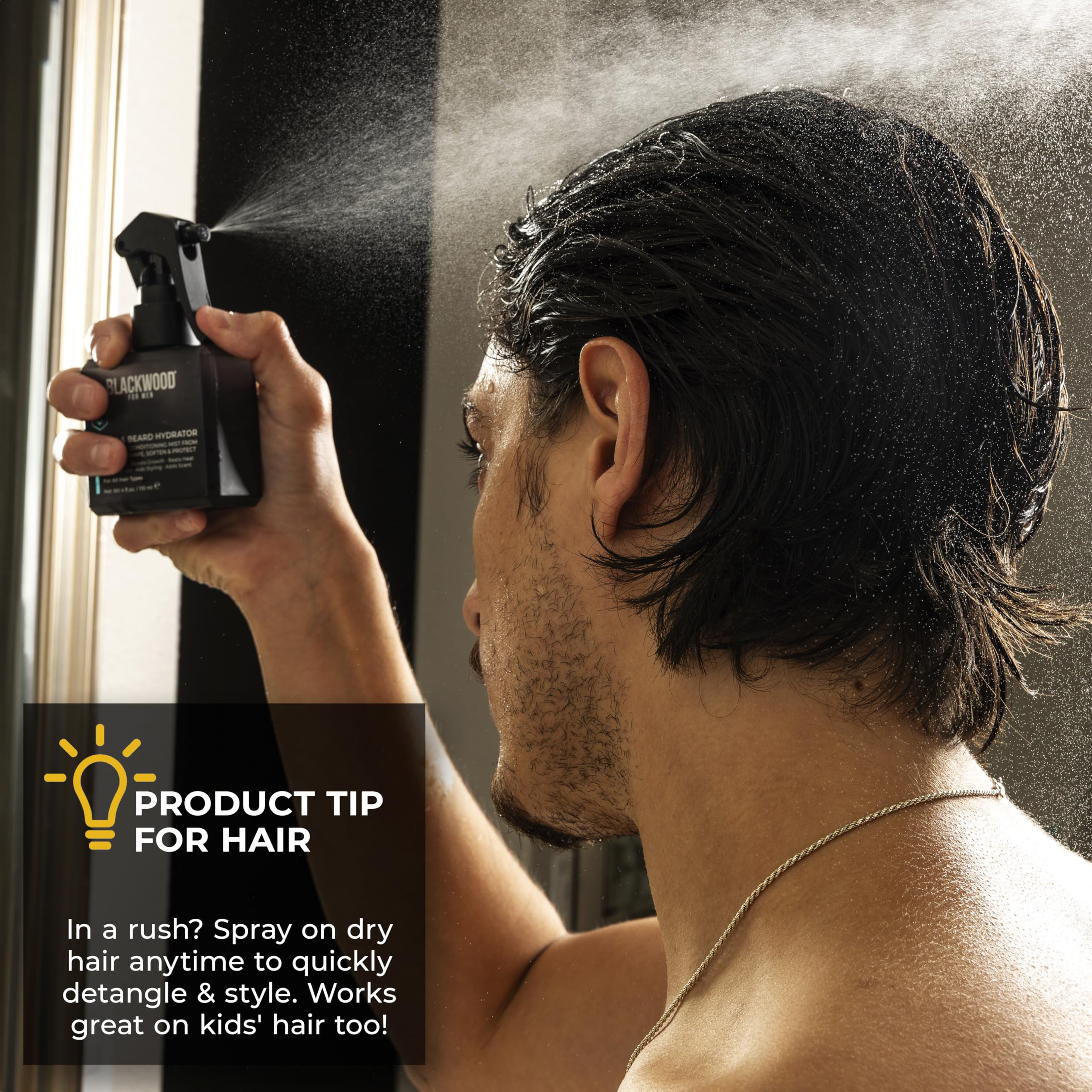 Blackwood For Men hydrator spray being worked through hair for styling